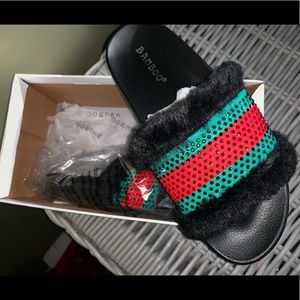 Never worn!! Red & Green Rhinestone Slides